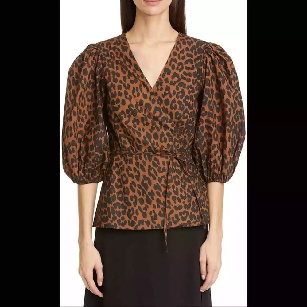 GANNI Leopard Print Puff Sleeve V-neck Wrap Top EUC Size 34/ US 2